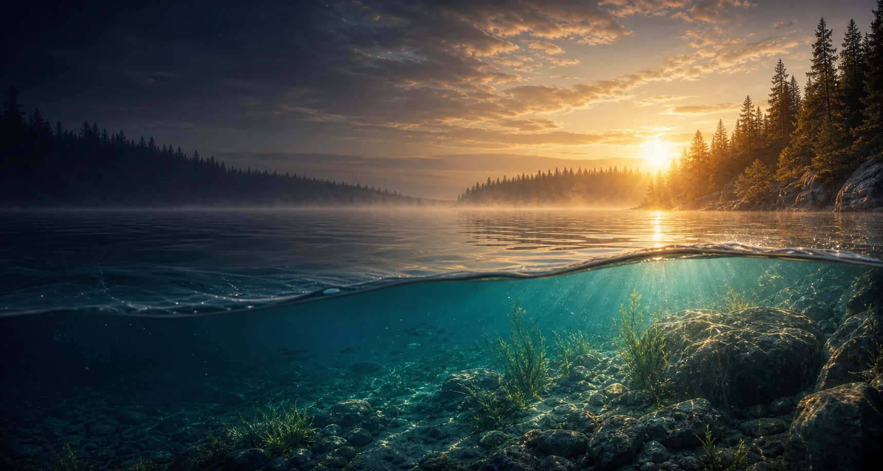 Split-water view of a dawn Ontario lake with an underwater rocky shallows scene