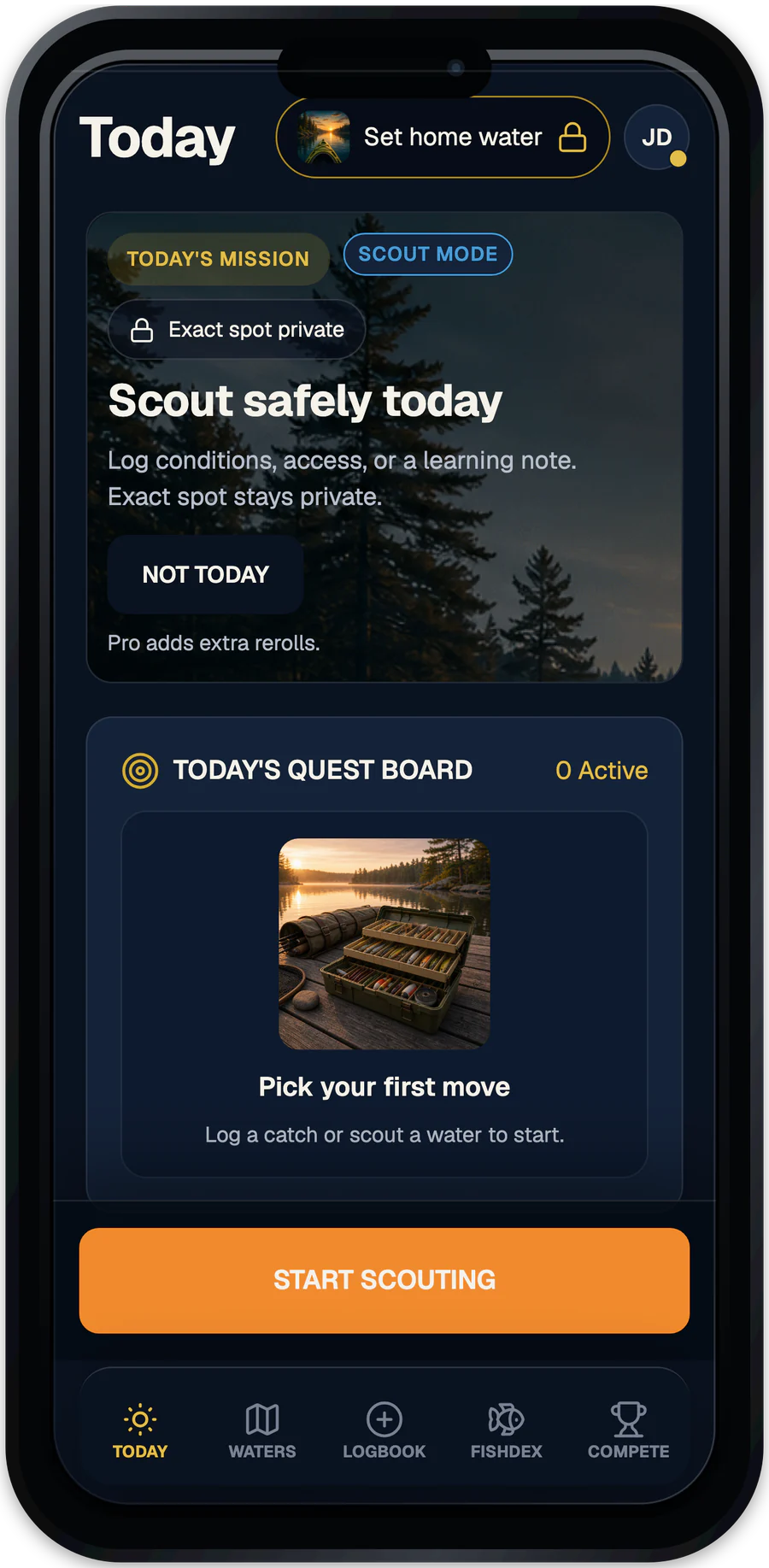 TackleDex Start with today's plan screen