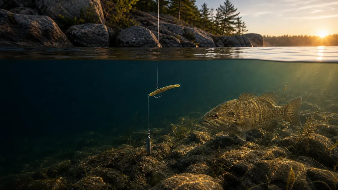 Drop shot rig hovering above rocky Ontario smallmouth bass habitat