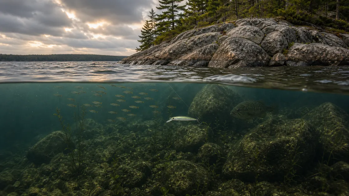 Windblown Ontario rocky point with baitfish and suspending jerkbait