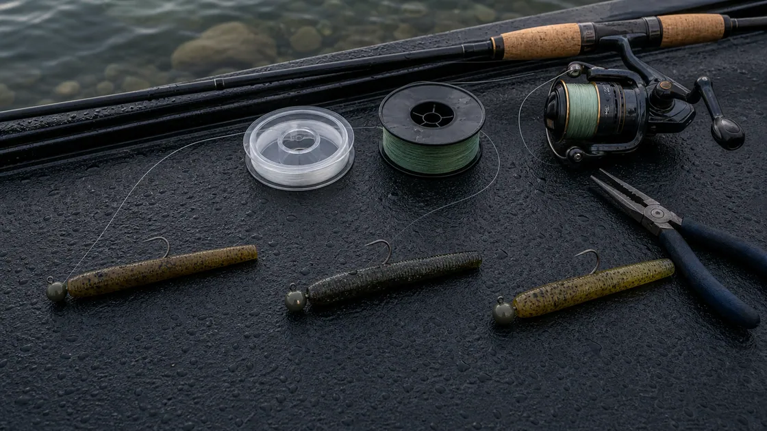 Ned rig smallmouth gear with real spinning rod reel line and recognizable mushroom jig rigs