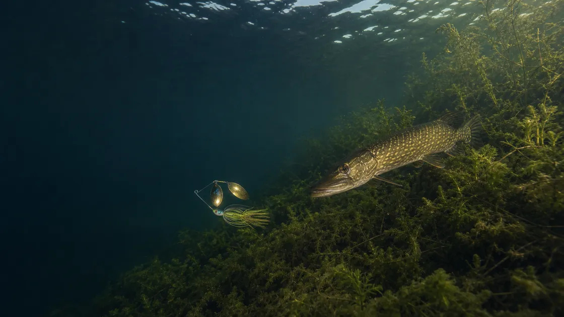 Northern pike tracking a spinnerbait beside Ontario cabbage weeds