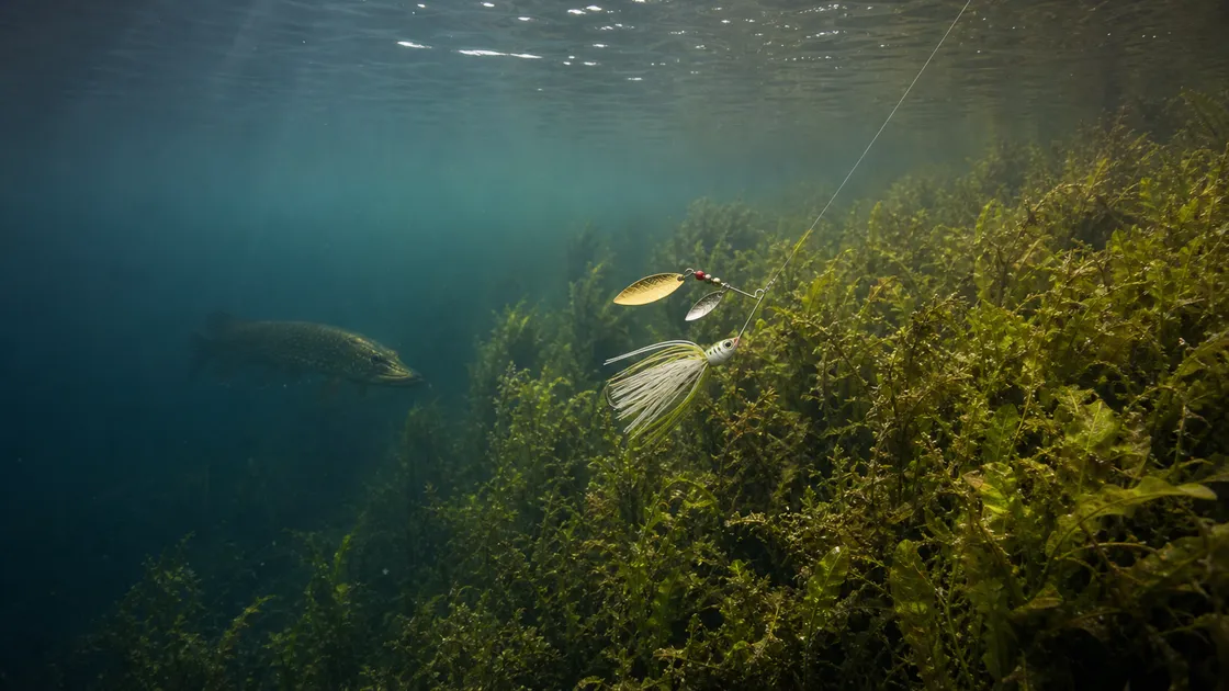 Spinnerbait running along Ontario cabbage weedline with pike following