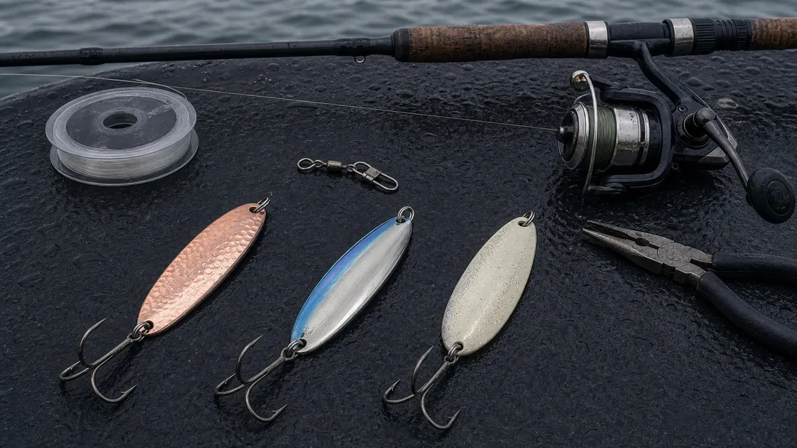 Lake trout spoon gear with real rod reel leader snap swivel and inspectable spoons