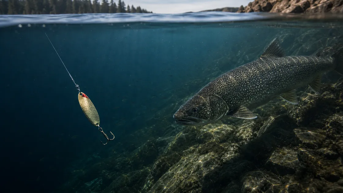 Lake trout following a realistic spoon in clear cold Ontario water