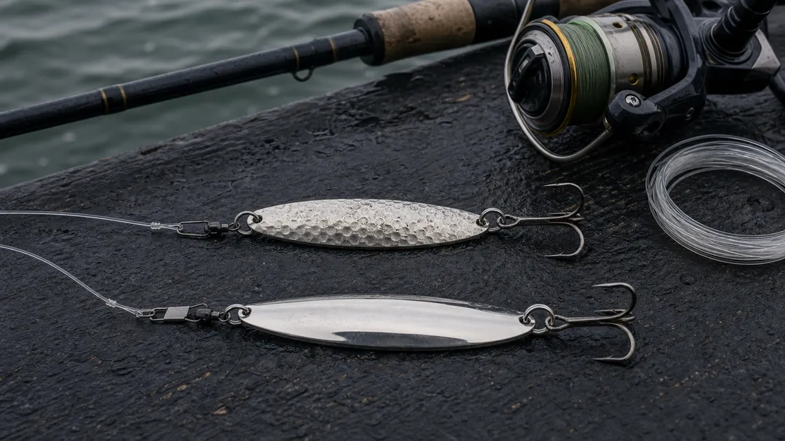 Lake trout spoon rigging with leader swivel split ring and treble hook