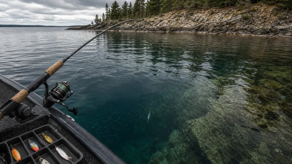 Ontario cold-water lake trout spoon fishing from a boat near rocky deep water