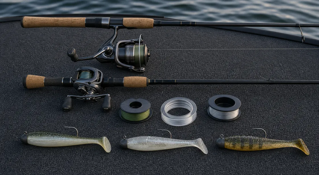 Swimbait smallmouth gear with real rods reels line and inspectable paddletail jig rigs
