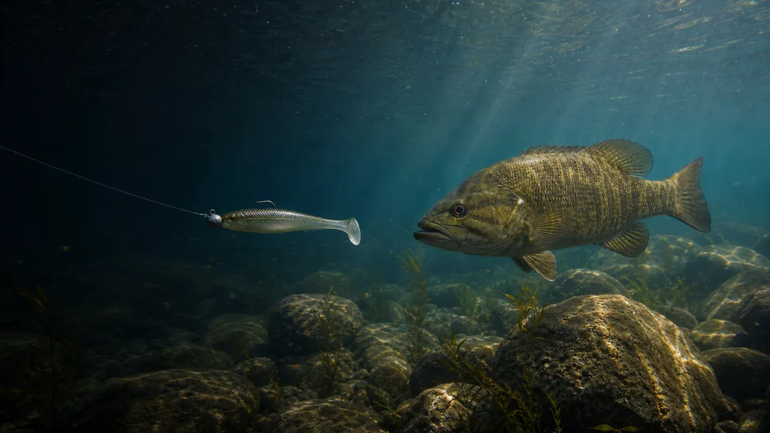 Smallmouth bass tracking a rigged paddletail swimbait in clear Ontario rock water