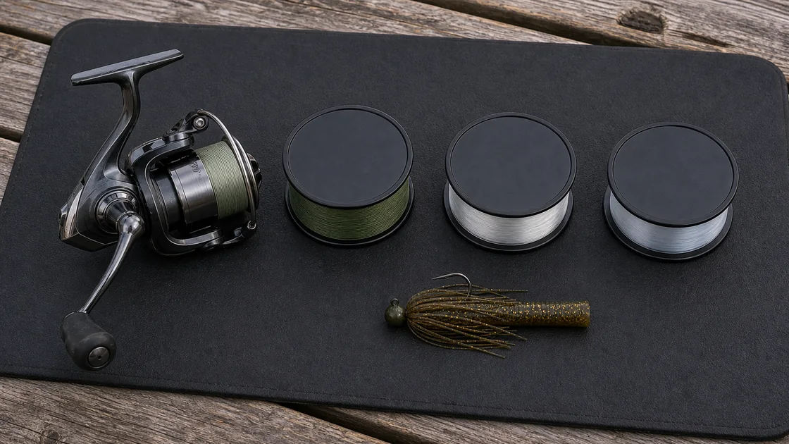 Tube jig line choice setup showing braid, leader, and finesse tackle