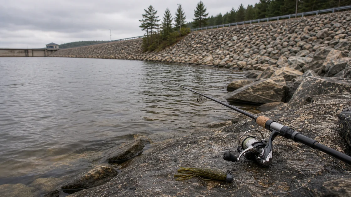 Ontario reservoir riprap and drawdown water suited to tube jig smallmouth fishing