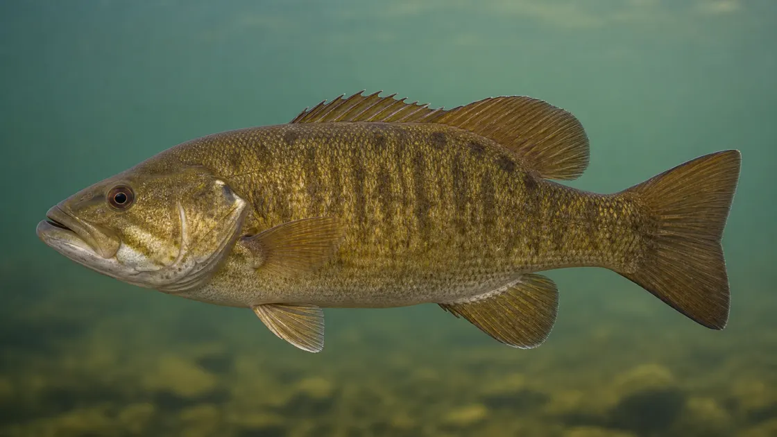 Realistic smallmouth bass identification image showing bronze body, vertical bars, and jaw position
