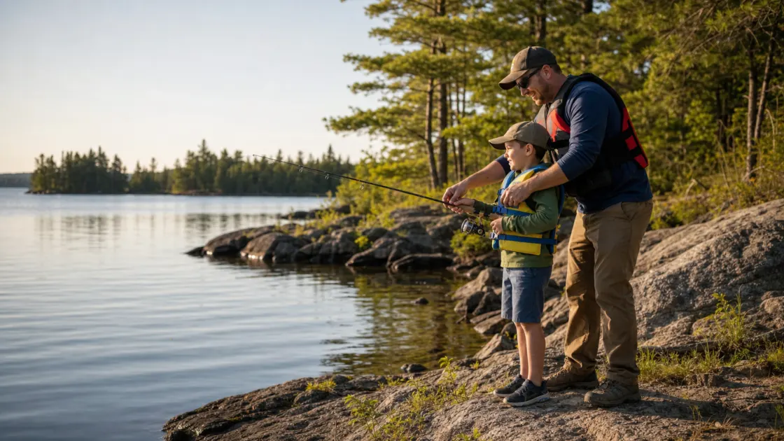 Family fishing for smallmouth bass from an Ontario shoreline
