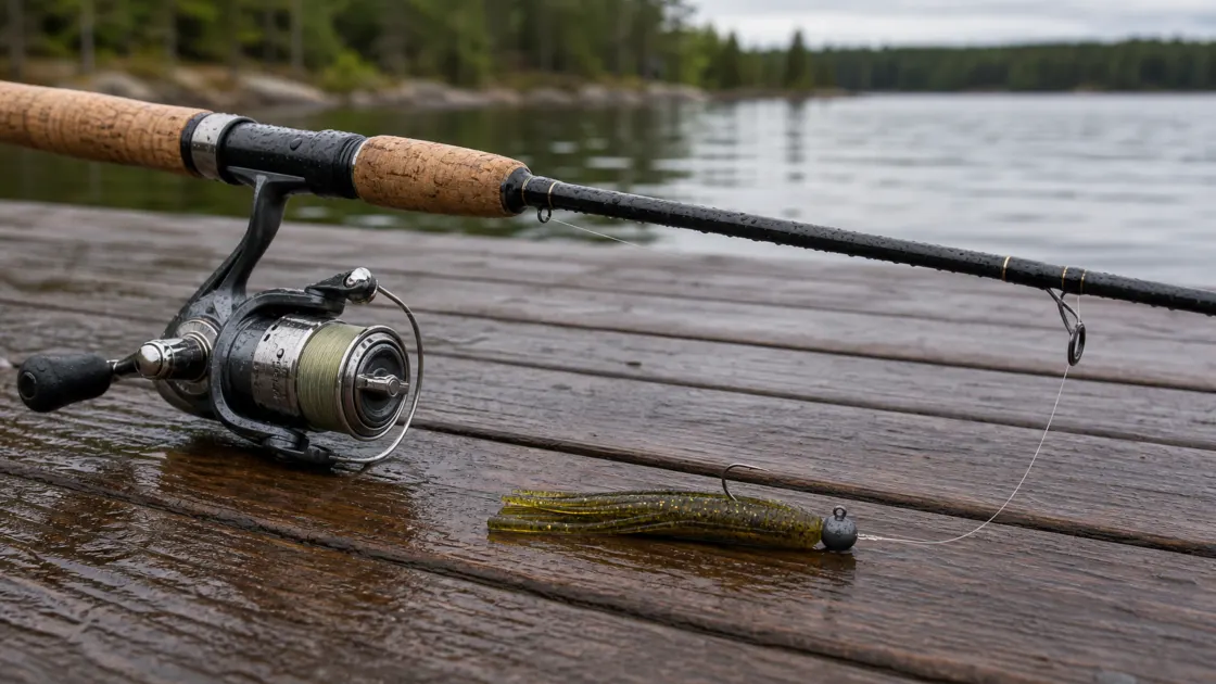 Finesse smallmouth bass spinning setup with light line and soft plastic bait