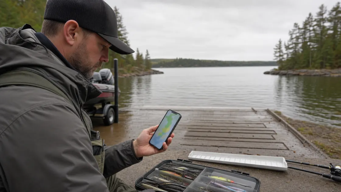 Ontario angler checking fishing regulations before keeping a smallmouth bass