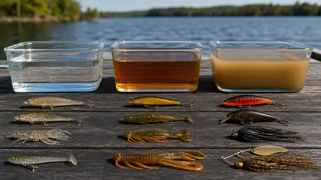 Smallmouth lure color examples for clear, stained, and dark Ontario water